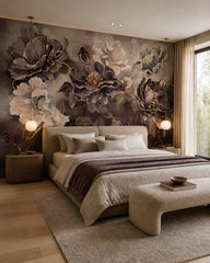 Plum and gold peony wallpaper in a designer bedroom.