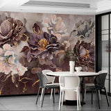 Dark Floral Wall Mural - Luxurious Plum and Gold Peony Design on Textured Background Wallpaper