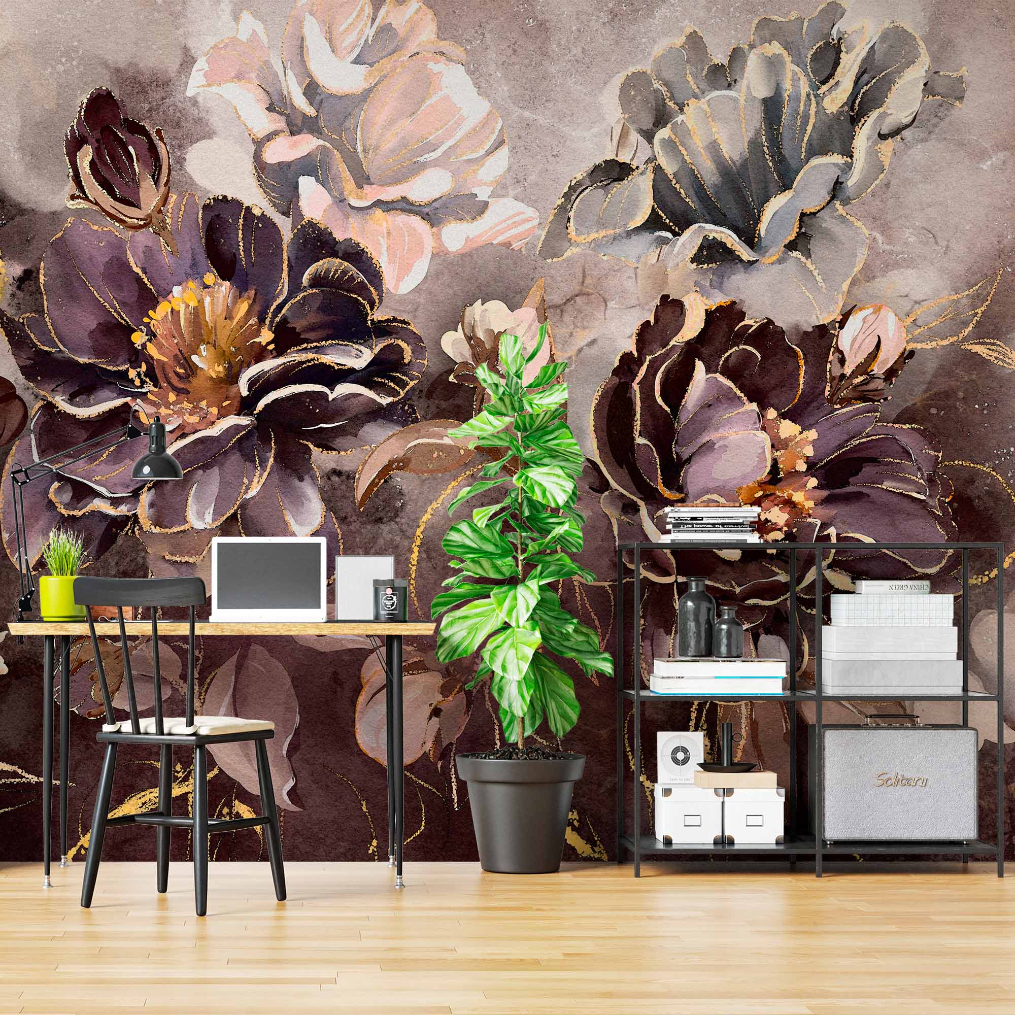 Dark Floral Wall Mural - Luxurious Plum and Gold Peony Design on Textured Background Wallpaper