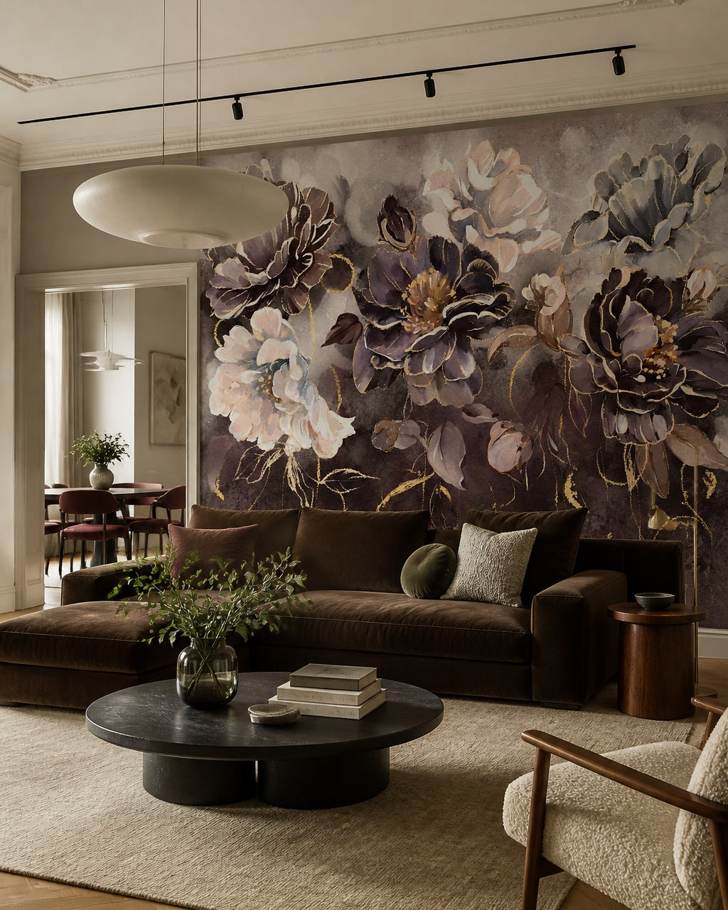 Plum and gold peony wallpaper in a designer living room.