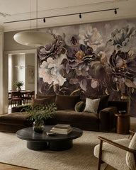Plum and gold peony wallpaper in a designer living room.