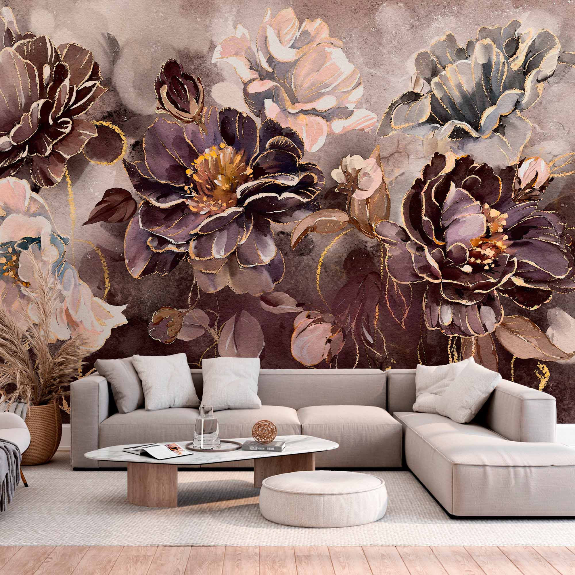 Dark Floral Wall Mural - Luxurious Plum and Gold Peony Design on Textured Background Wallpaper