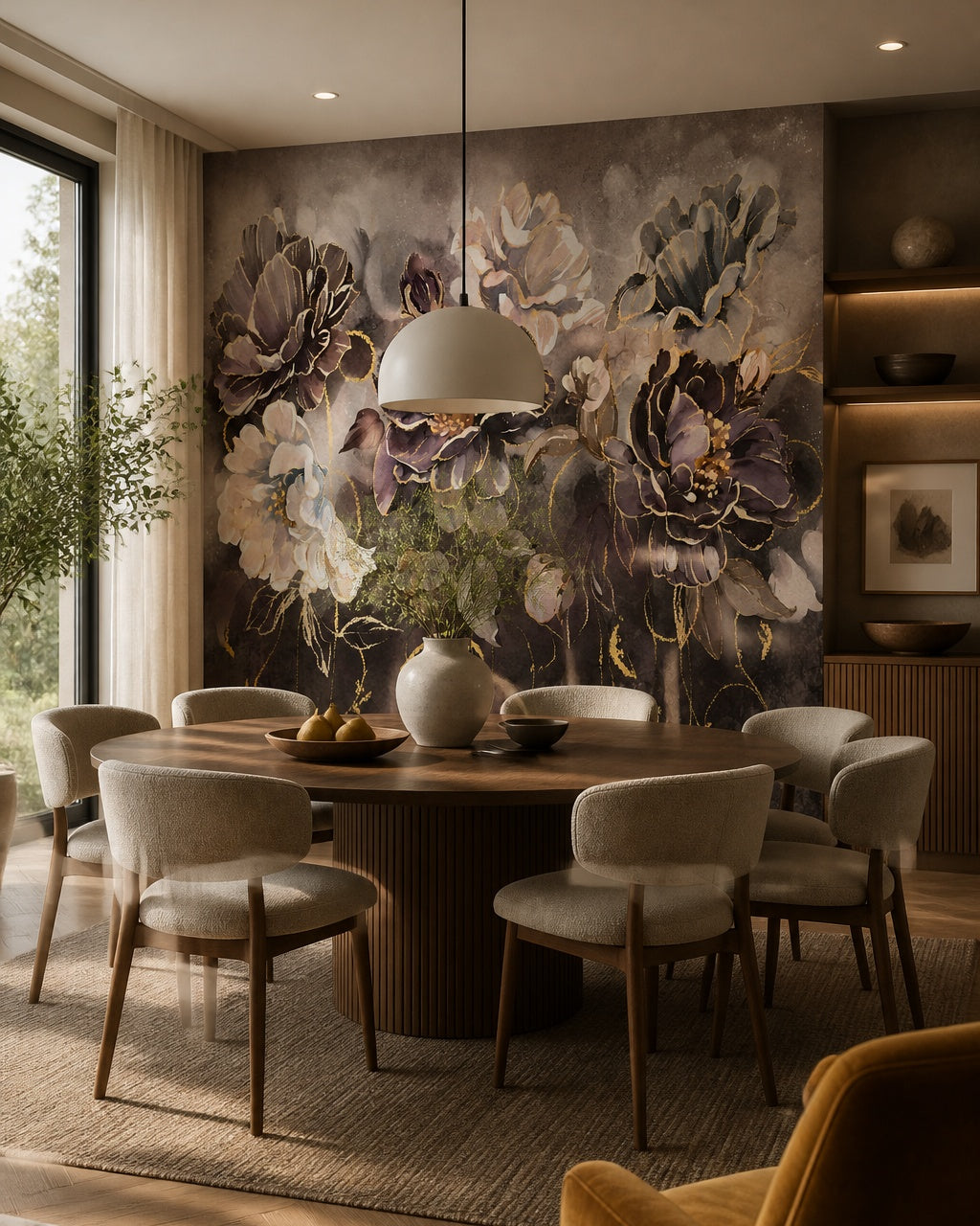 Plum and gold peony wallpaper in a refined dining area.