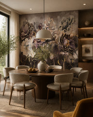 Plum and gold peony wallpaper in a refined dining area.