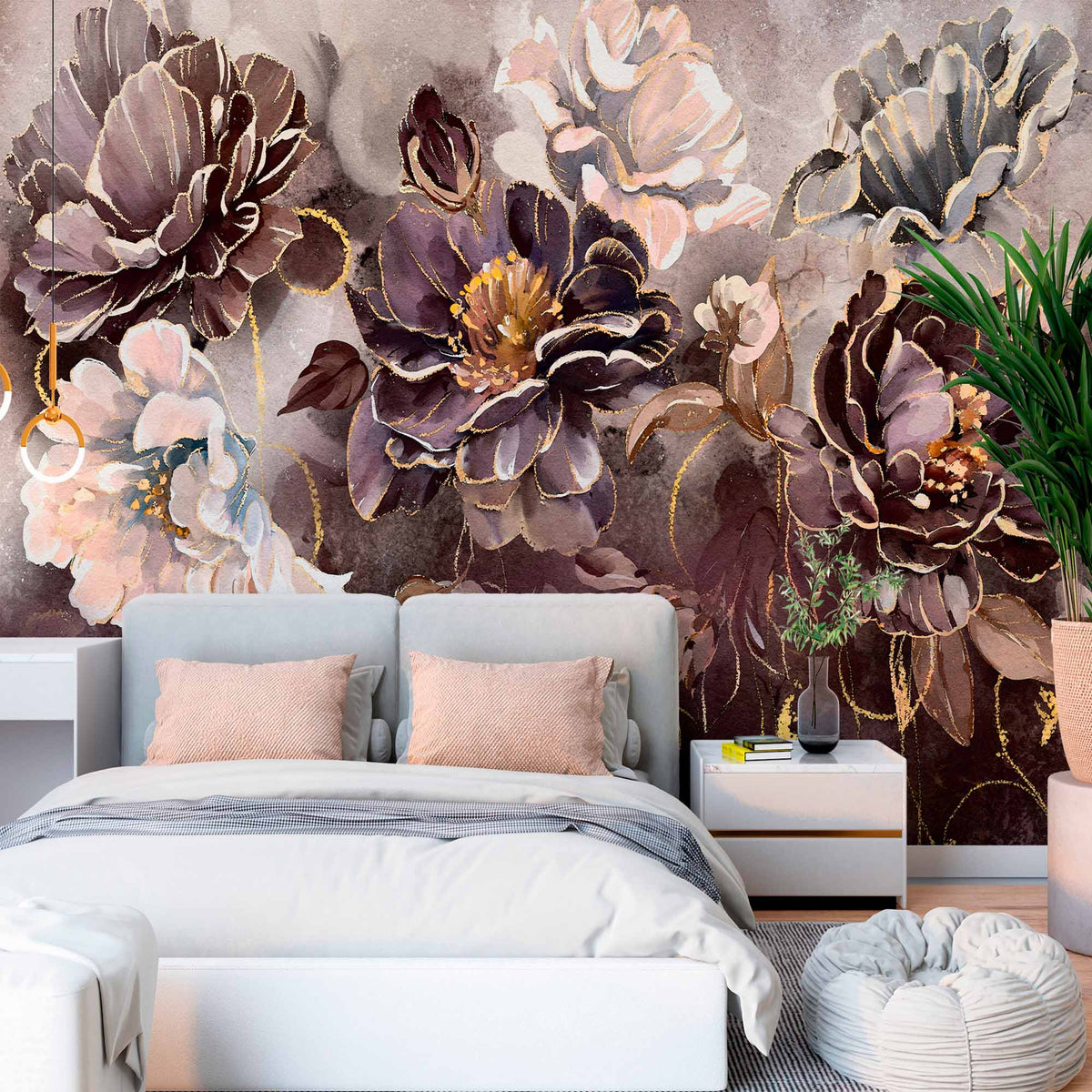 Custom Dark Floral Wall Mural - Luxurious Plum and Gold Peony Design on Textured Background Wallpaper