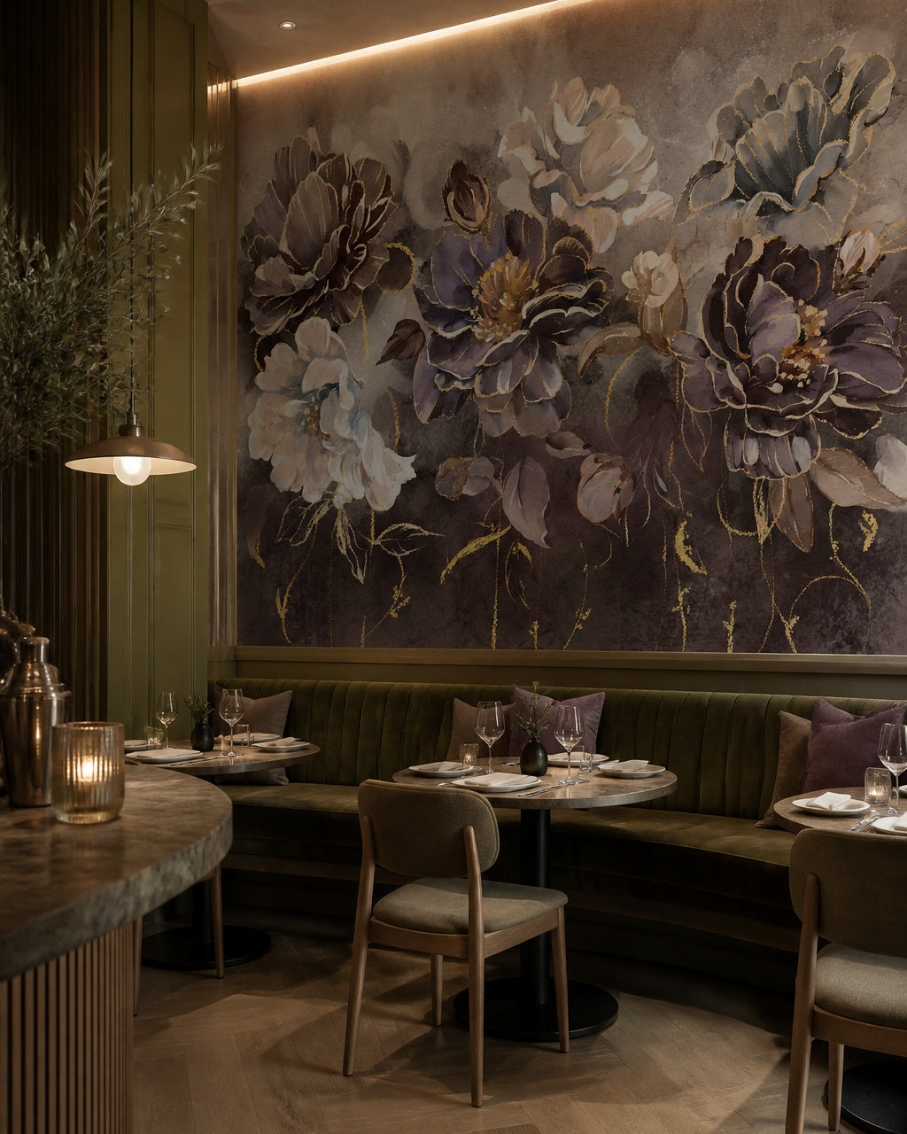 Plum and gold peony wallpaper in a restaurant.