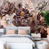 Dark Floral Wall Mural - Luxurious Plum and Gold Peony Design on Textured Background Wallpaper