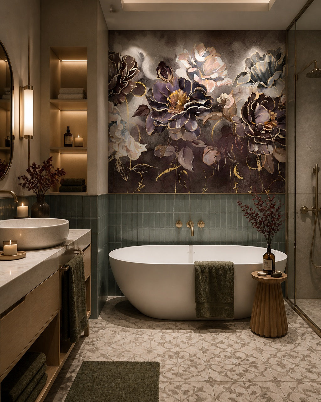 Plum and gold peony wallpaper in a luxury bathroom.