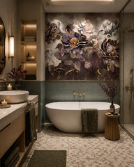 Plum and gold peony wallpaper in a luxury bathroom.