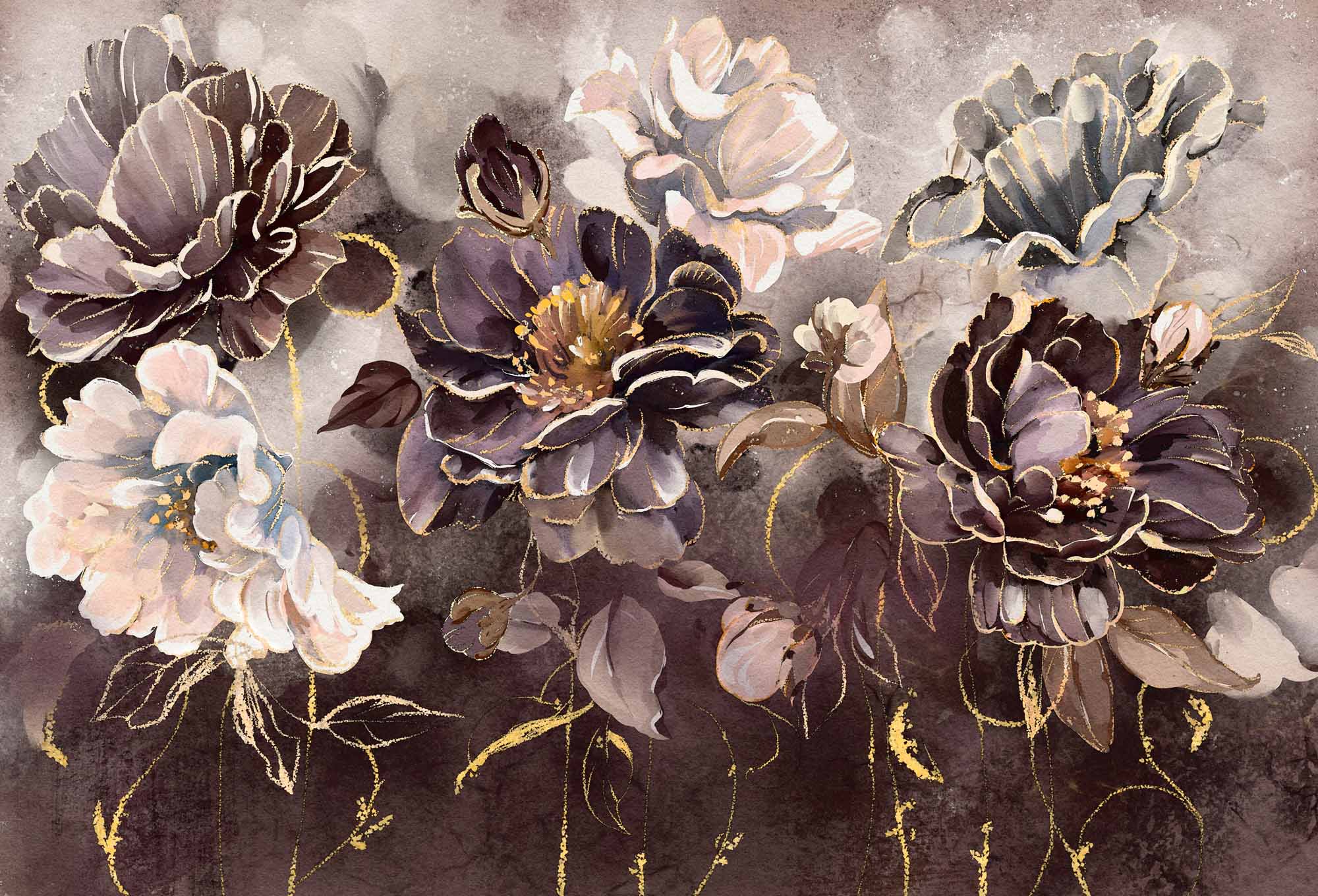 Dark Floral Wall Mural - Luxurious Plum and Gold Peony Design on Textured Background Wallpaper