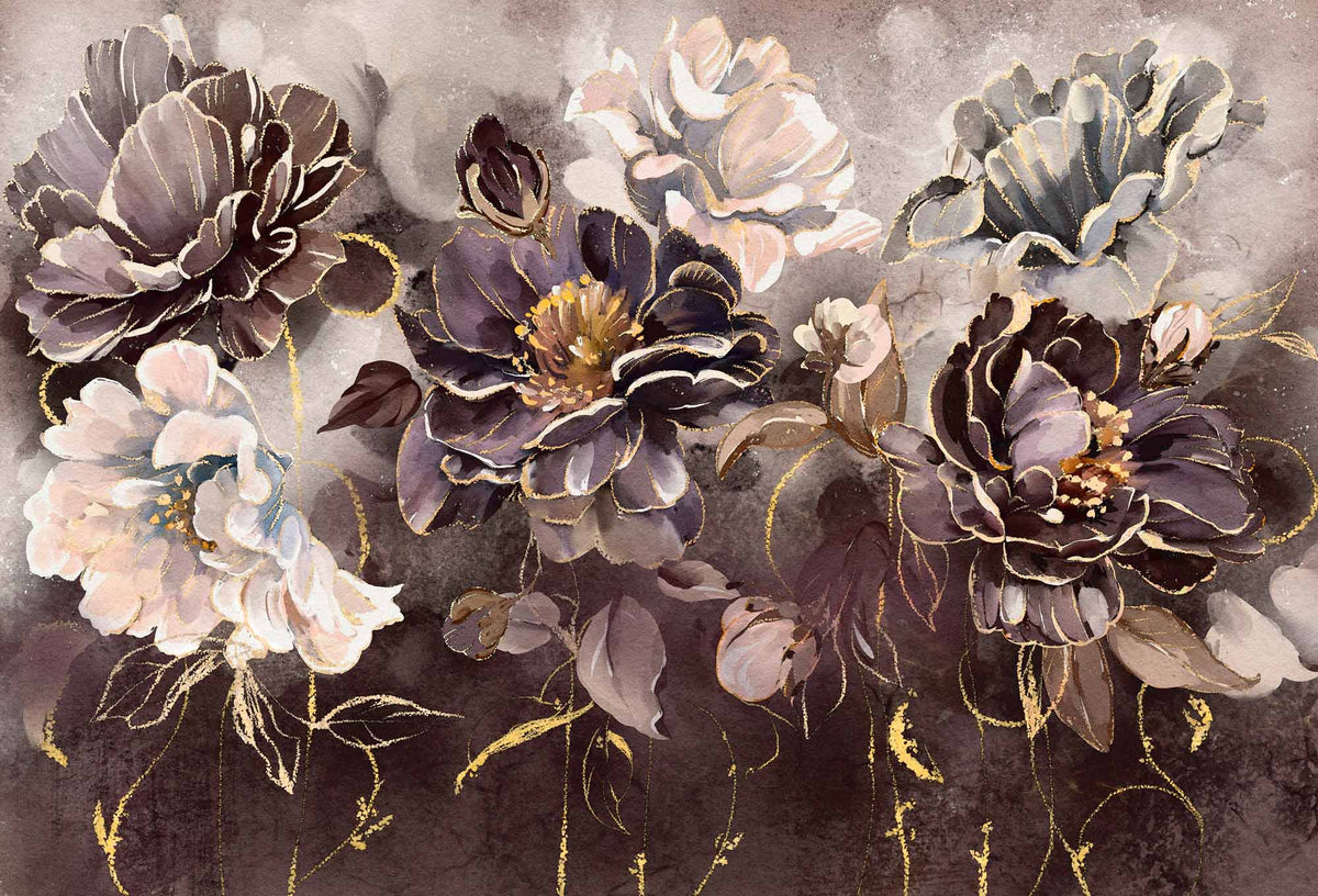Fototapete Pflaume und Gold Pfingstrosen – Dunkles Blumenmotiv auf strukturiertem Grund
