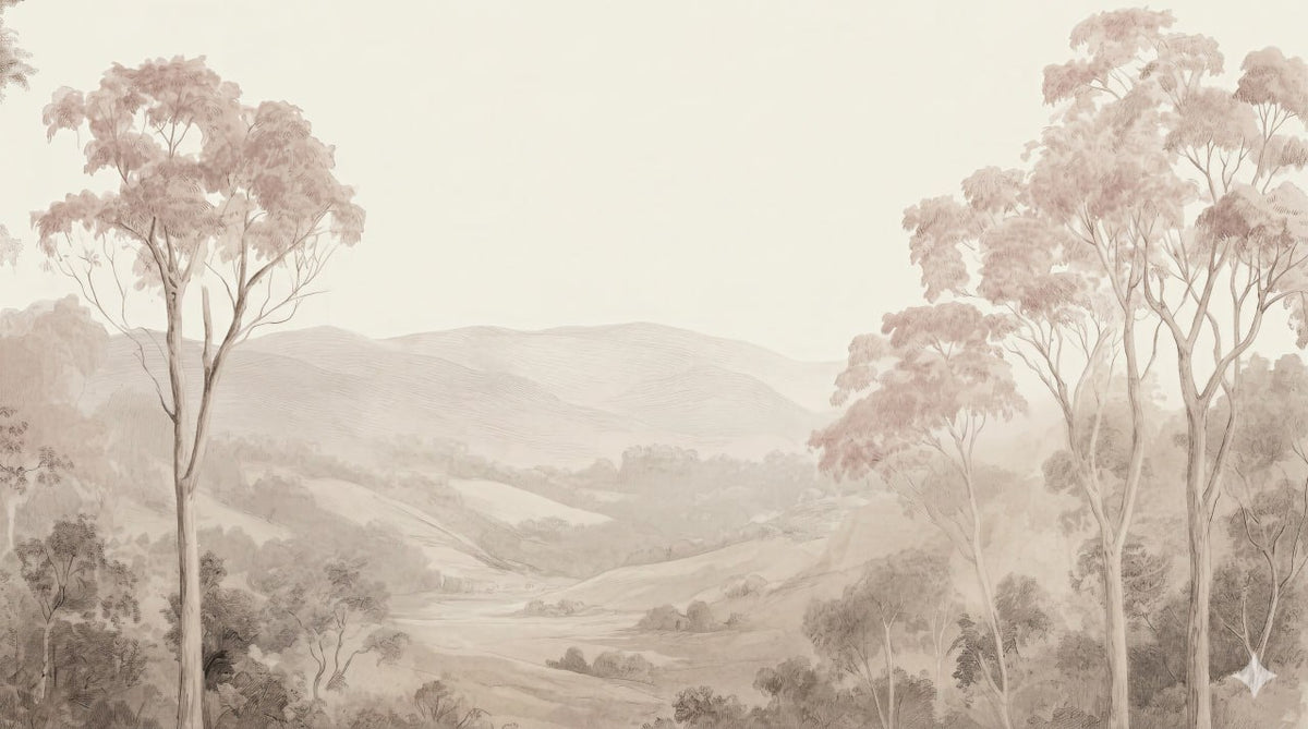 Tapete Blush-Eukalyptus-Landschaft – Neblige Hügel und Bäume, Wandbild