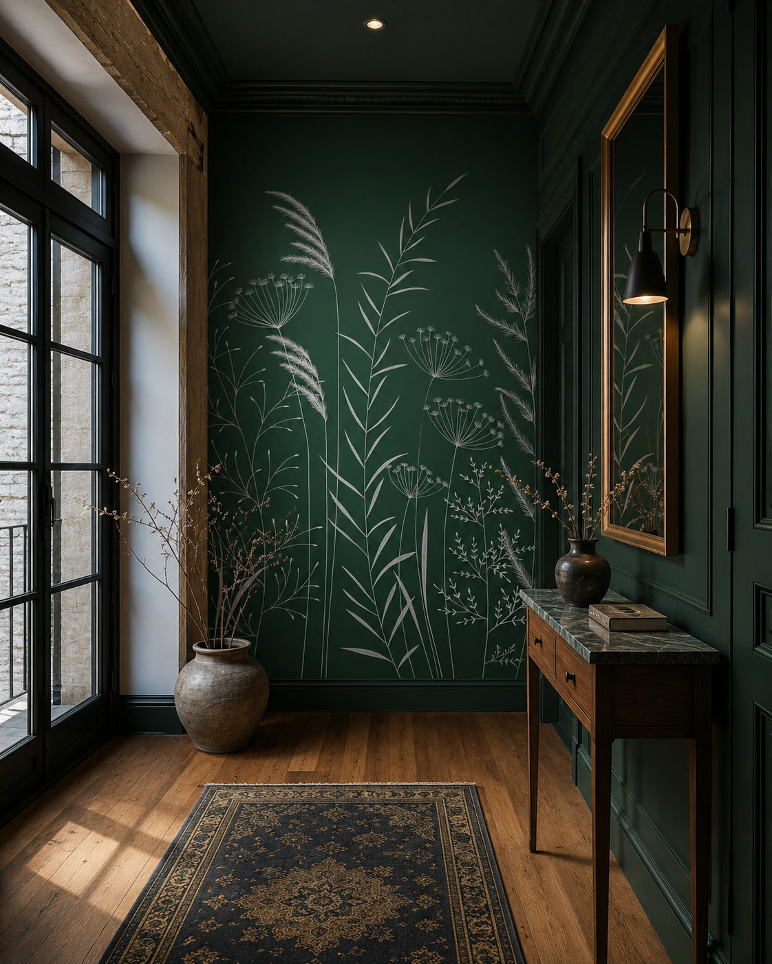 Emerald green botanical line art wallpaper in a dark entry hall with wooden console and oriental rug.
