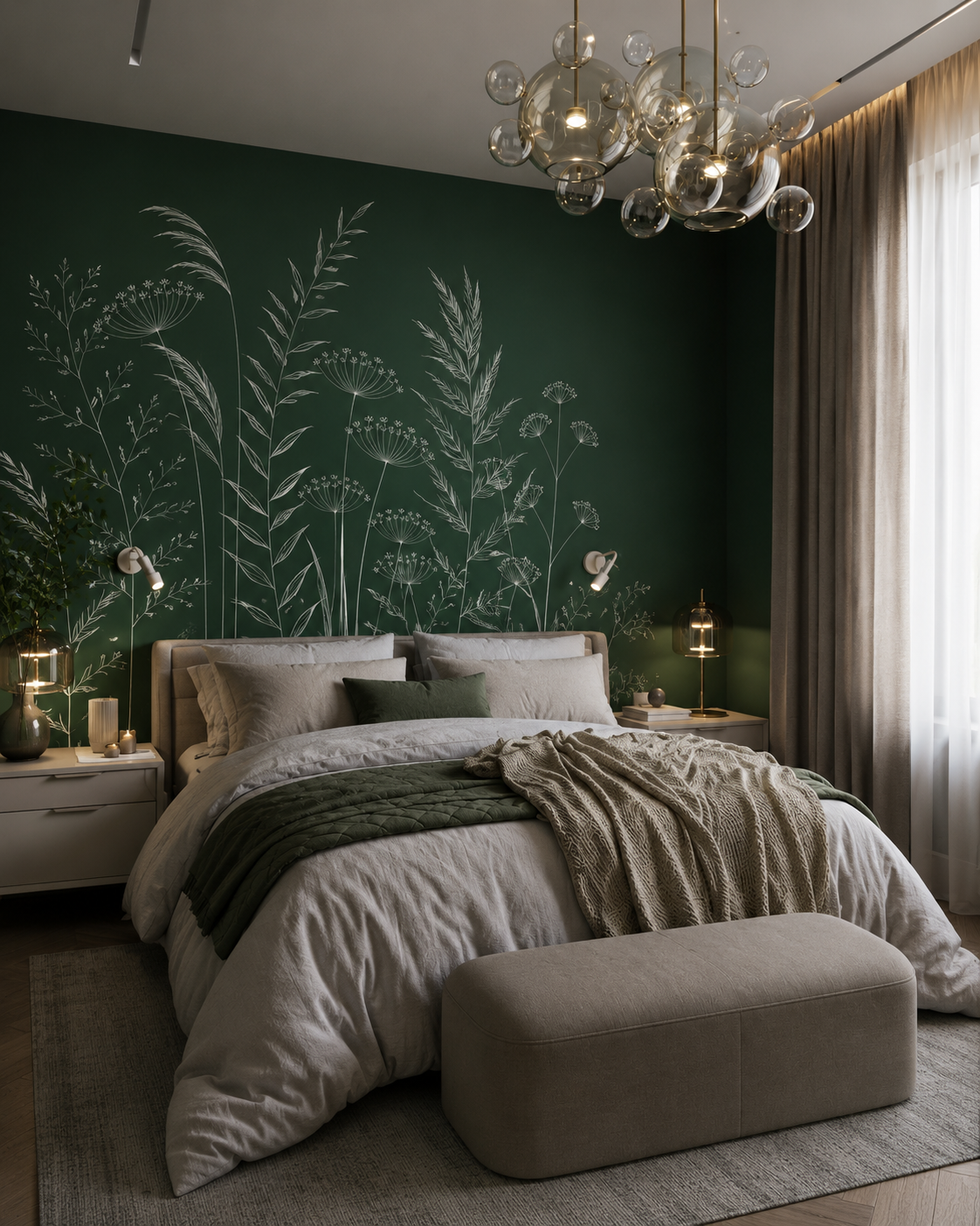 Emerald green botanical line art wallpaper behind the bed in a bedroom with glass chandelier.
