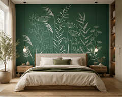 Emerald green botanical line art wallpaper as a bedroom accent wall with pendant lights.