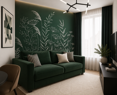 Emerald green botanical line art wallpaper behind a green velvet sofa in a modern living room.