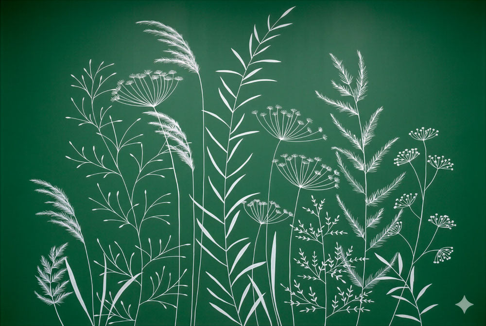 Emerald green wallpaper with white line art wild grasses, ferns and meadow flowers.