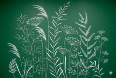 Emerald green wallpaper with white line art wild grasses, ferns and meadow flowers.