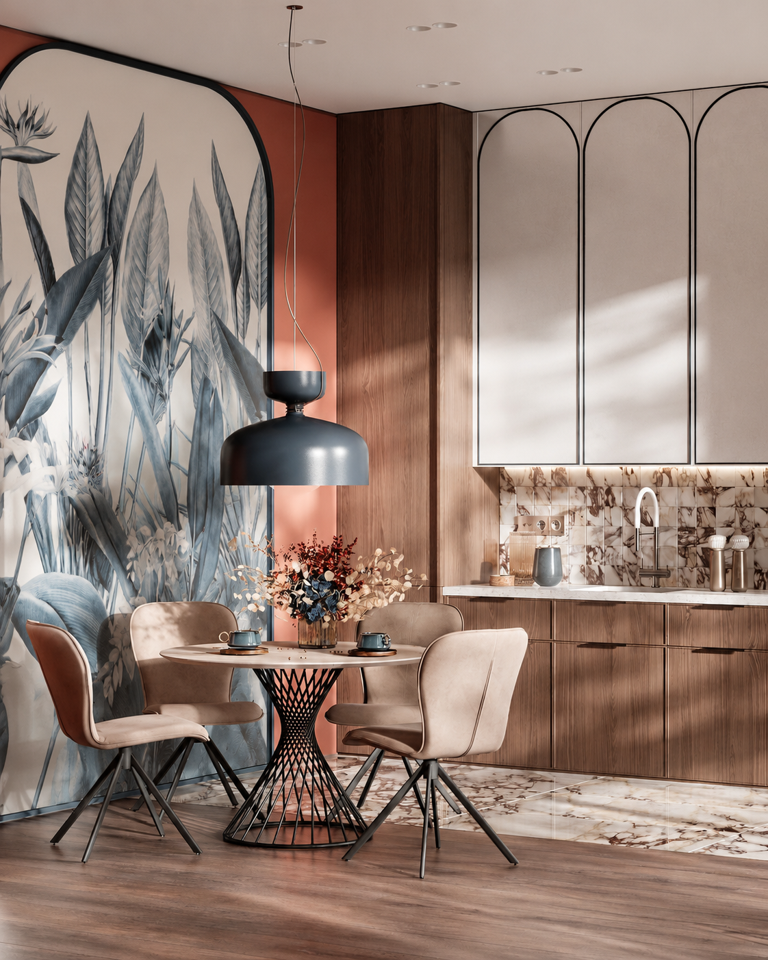 Blue tropical leaves wallpaper in a kitchen dining area with arched niche.