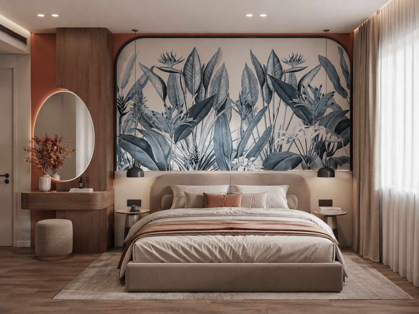 Blue tropical leaves wallpaper in an arched headboard niche in a modern bedroom.