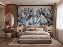 Blue tropical leaves wallpaper in an arched headboard niche in a modern bedroom.