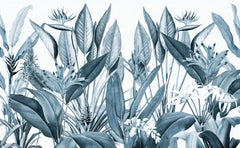 Monochrome blue-grey tropical wallpaper with bird of paradise flowers and banana leaves on a white background.