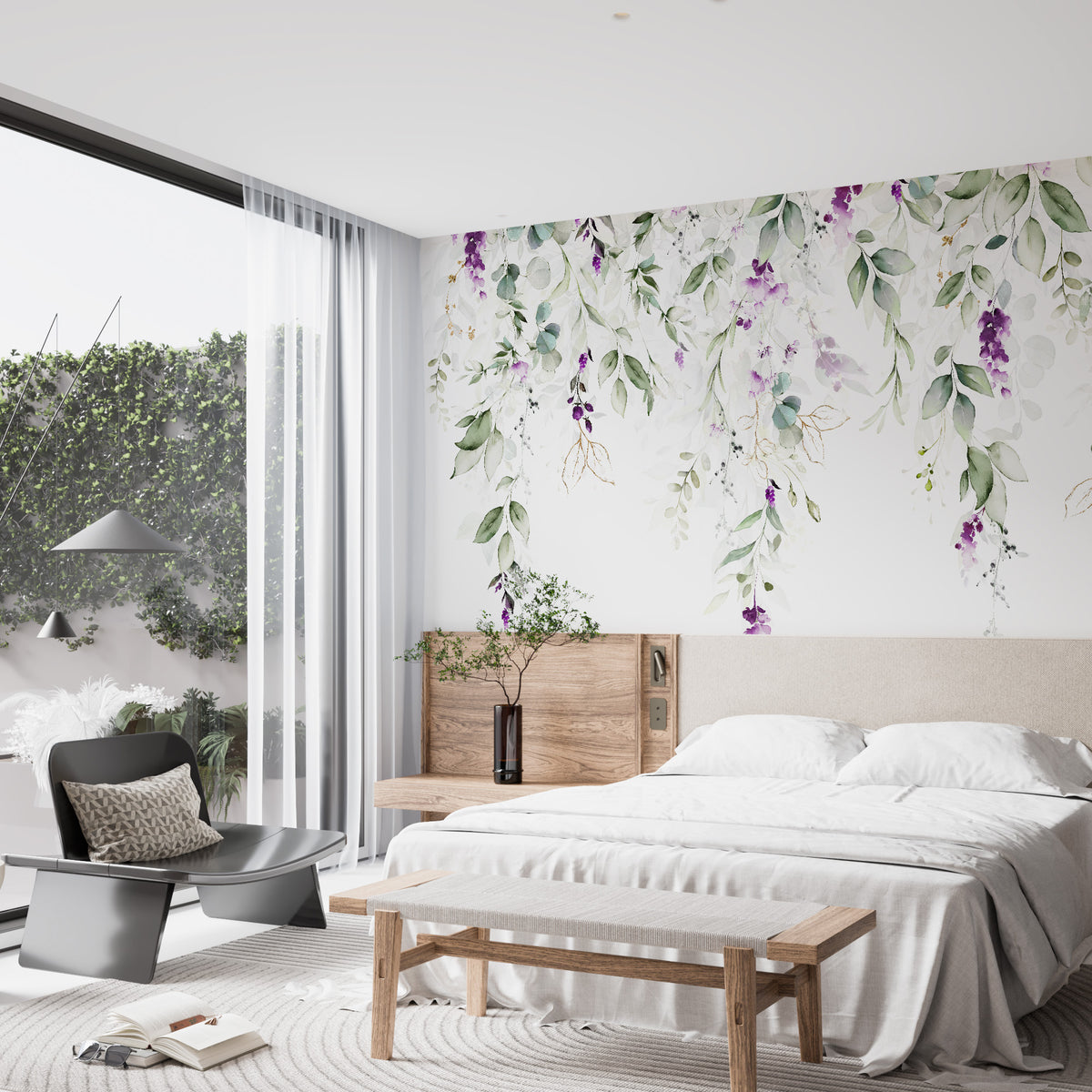 Hangende blauweregen behang – aquarel groene en paarse bloemen als rand