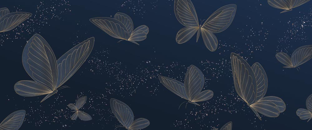 Borboletas douradas – papel de parede azul-marinho com desenho de linhas douradas