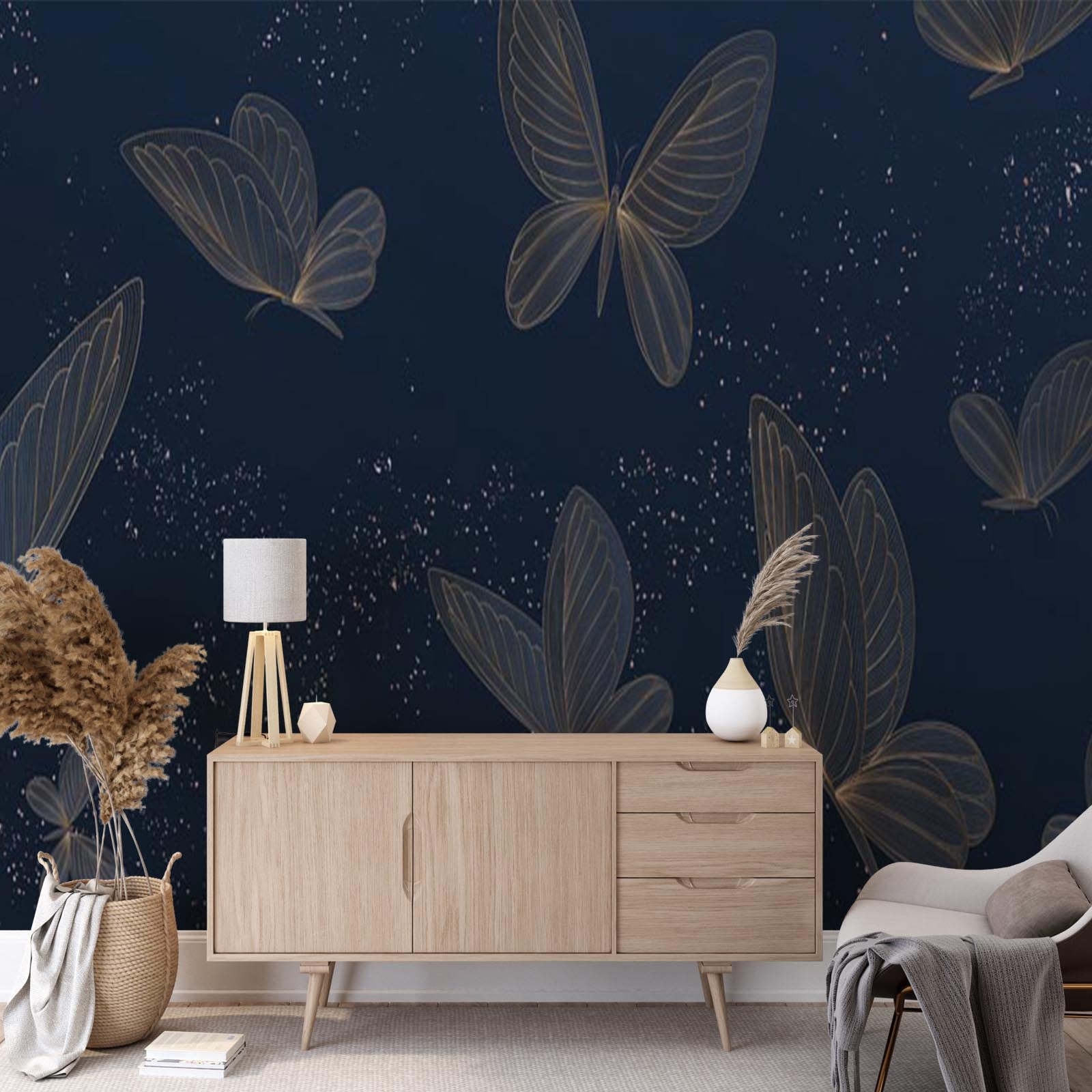 Golden Butterflies Wall Mural Dark Blue Wallpaper