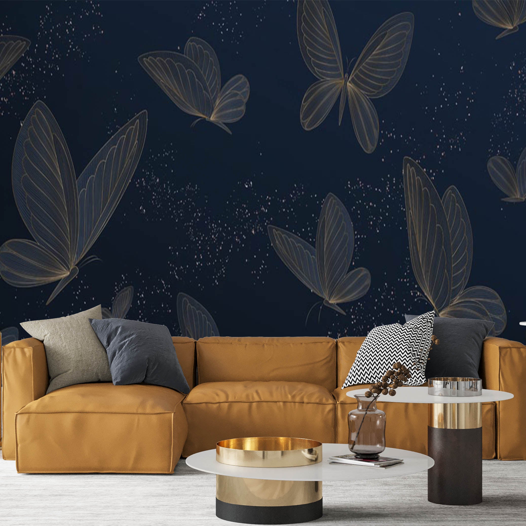 Golden Butterflies Wall Mural Dark Blue Wallpaper