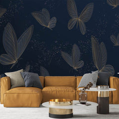 Custom Golden Butterflies Wall Mural Dark Blue Wallpaper