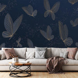 Golden Butterflies Wall Mural Dark Blue Wallpaper