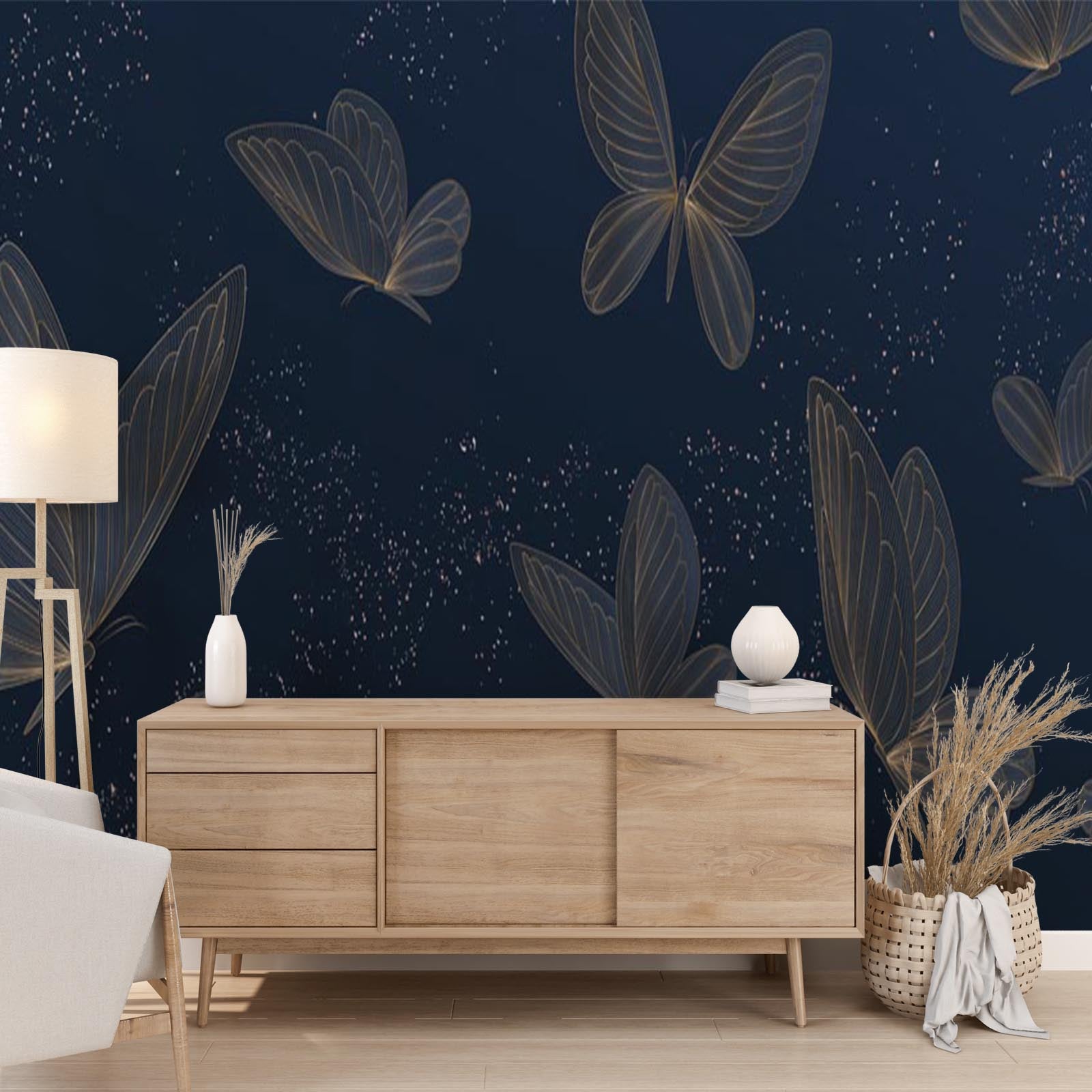 Golden Butterflies Wall Mural Dark Blue Wallpaper