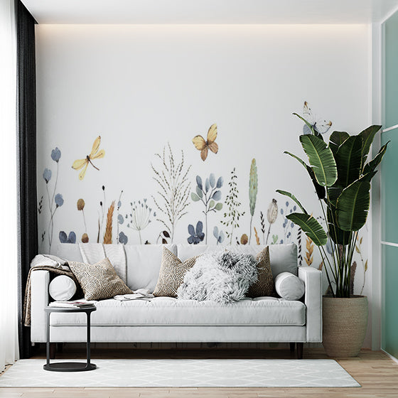 Watercolor Wildflowers and Butterflies Wall Mural - Soft Pastel Meadow Design Wallpaper