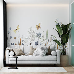 Custom Watercolor Wildflowers and Butterflies Wall Mural - Soft Pastel Meadow Design Wallpaper