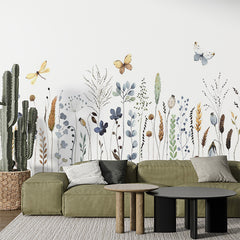 Custom Watercolor Wildflowers and Butterflies Wall Mural - Soft Pastel Meadow Design Wallpaper