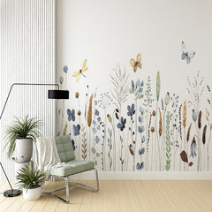 Custom Watercolor Wildflowers and Butterflies Wall Mural - Soft Pastel Meadow Design Wallpaper