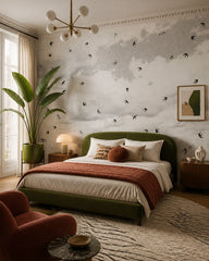 Swallows in flight wallpaper in a designer bedroom.