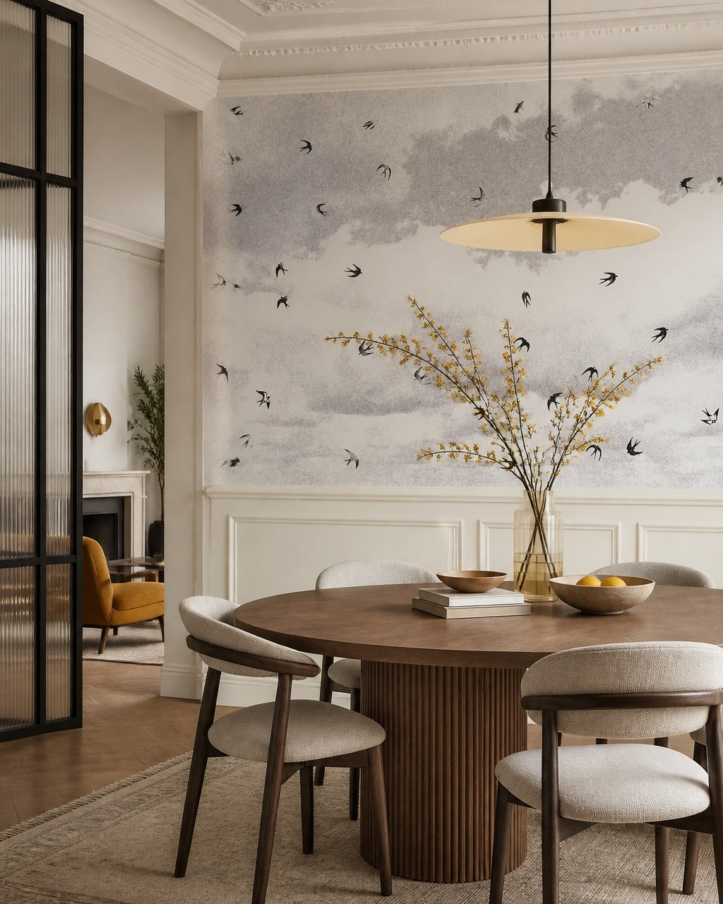 Swallows in flight wallpaper in a refined dining area.