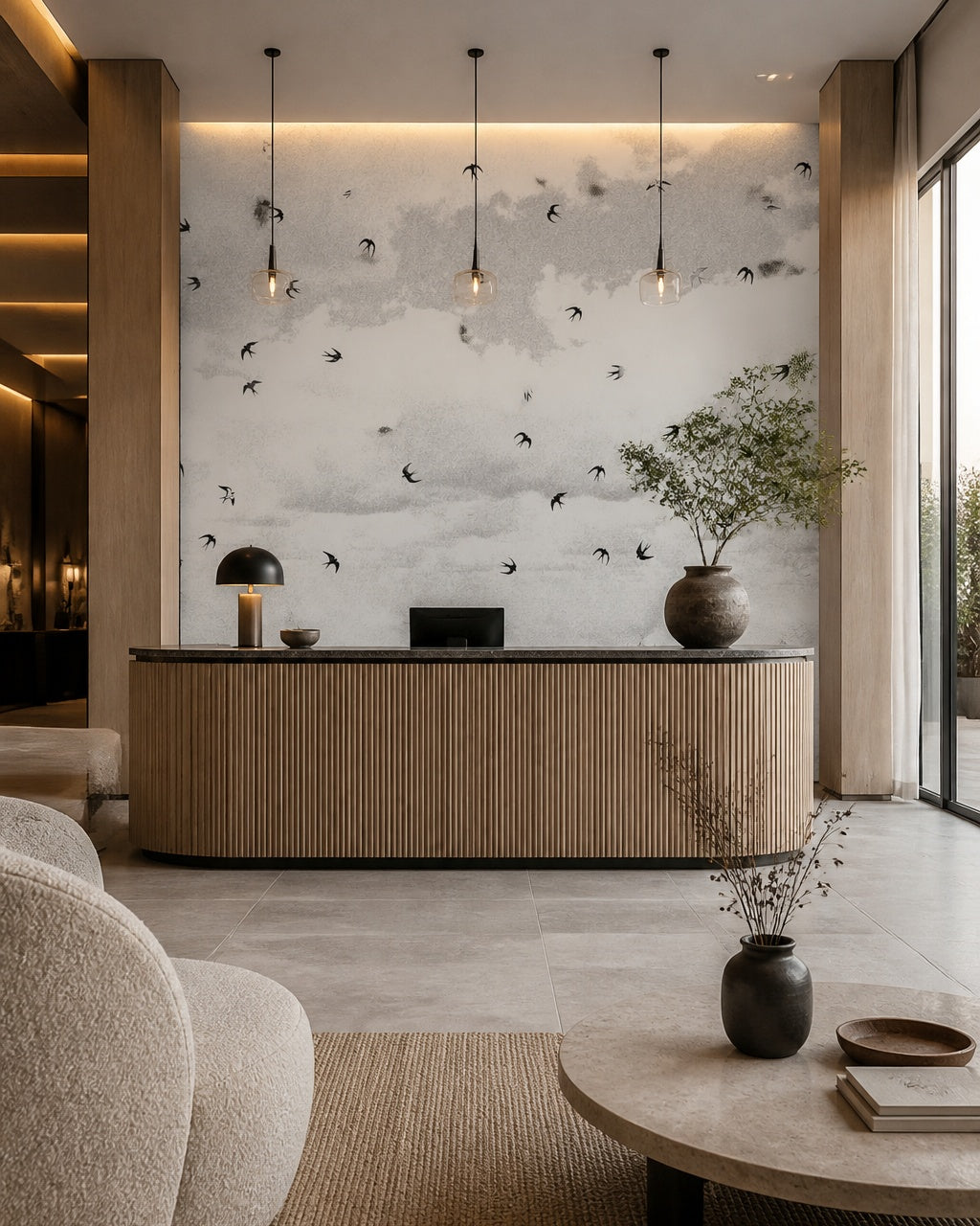 Swallows in flight wallpaper in a boutique hotel lobby.