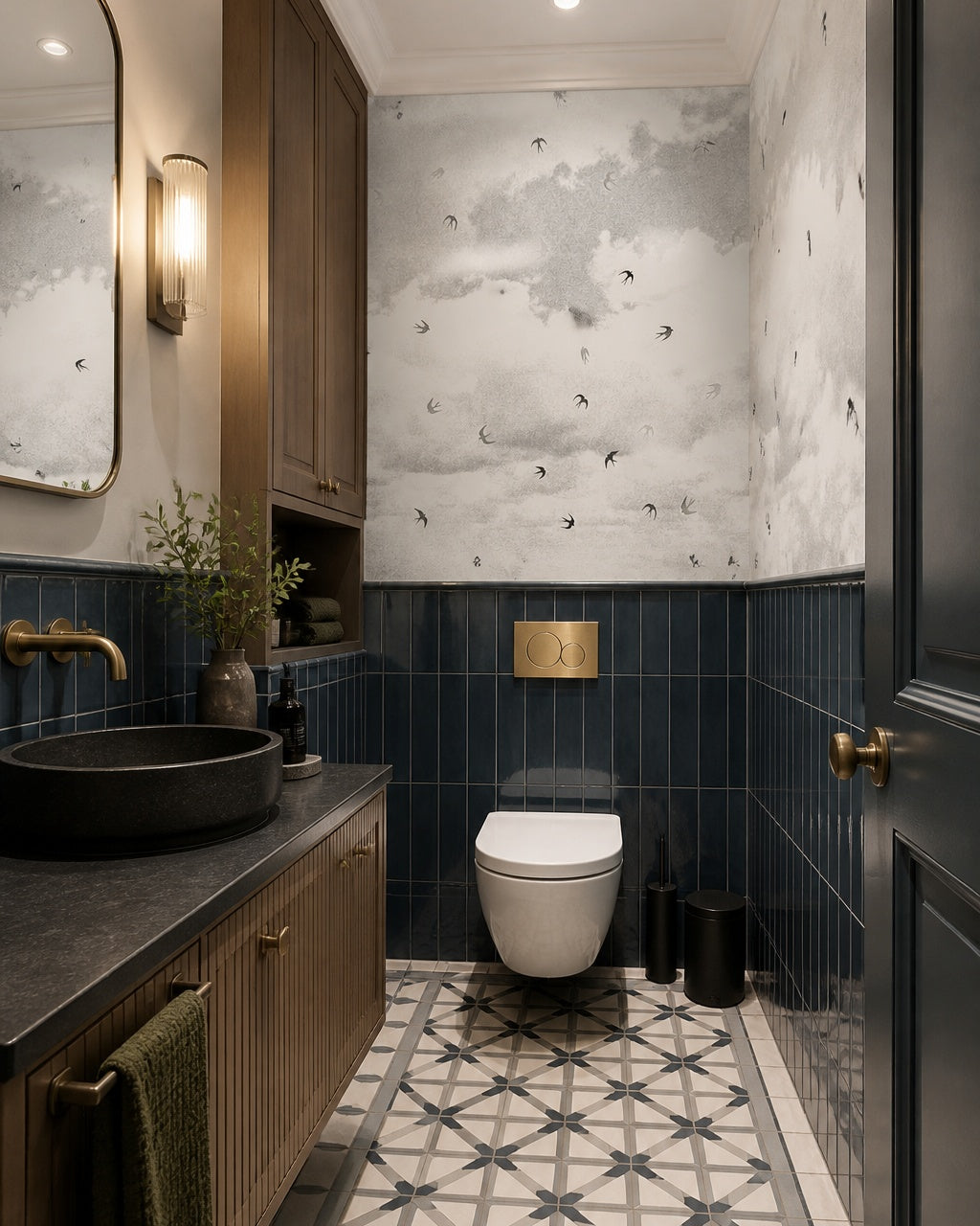 Swallows in flight wallpaper in an elegant powder room.