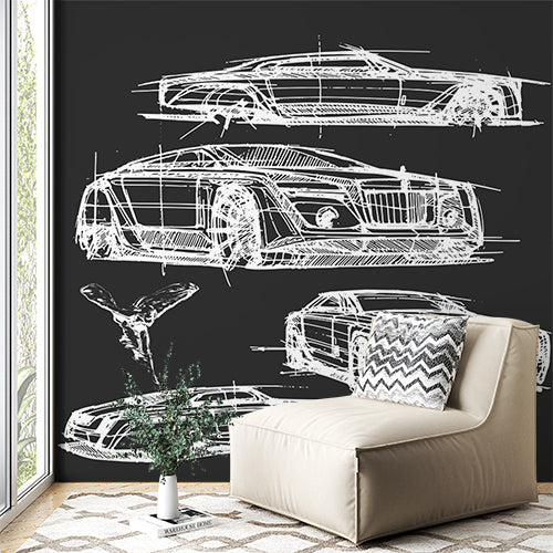 Automotive Design Sketch Wall Mural Wallpaper - White Car Blueprints on Dark Background