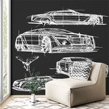 Automotive Design Sketch Wall Mural Wallpaper - White Car Blueprints on Dark Background