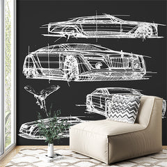 Custom Automotive Design Sketch Wall Mural Wallpaper - White Car Blueprints on Dark Background