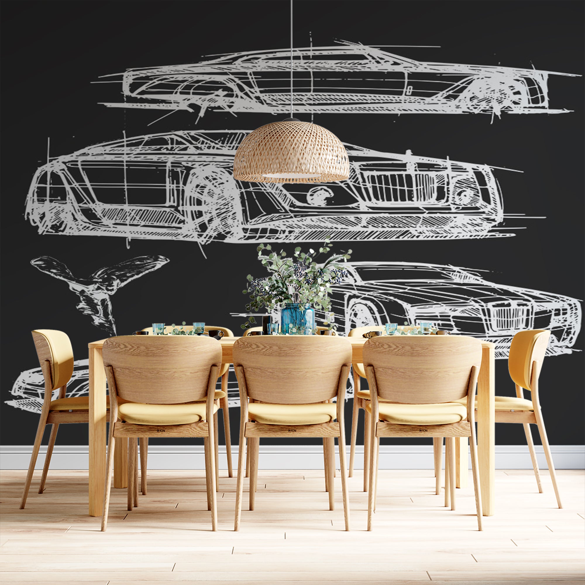 Automotive Design Sketch Wall Mural Wallpaper - White Car Blueprints on Dark Background