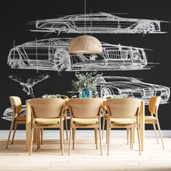 Custom Automotive Design Sketch Wall Mural Wallpaper - White Car Blueprints on Dark Background