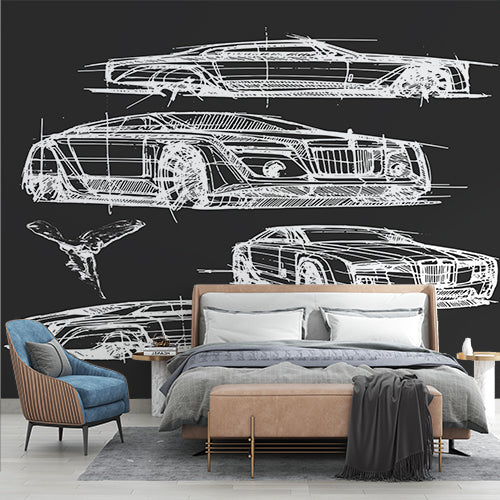 Automotive Design Sketch Wall Mural Wallpaper - White Car Blueprints on Dark Background