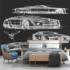 Custom Automotive Design Sketch Wall Mural Wallpaper - White Car Blueprints on Dark Background