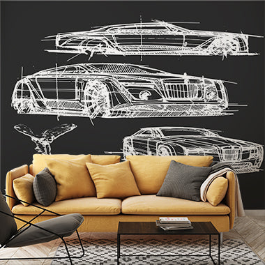 Automotive Design Sketch Wall Mural Wallpaper - White Car Blueprints on Dark Background