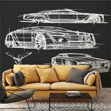 Automotive Design Sketch Wall Mural Wallpaper - White Car Blueprints on Dark Background